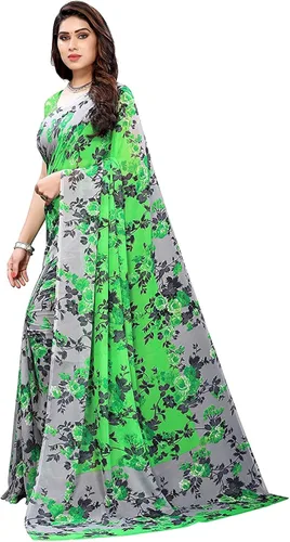 Vista 2 de Indian Hawker Georgette Sari - Sari con estampado floral para mujer con pieza de blusa sin coser