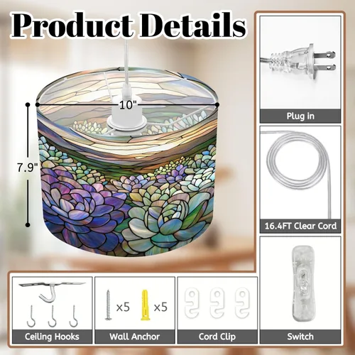 Vista 6 de Plug in Pendant Light Succulent Field Stained Glass Panel Hanging Lamp with Plug in Cord 16.4 ft Dimmable Hanging Light for Bedroom Kitchen Island