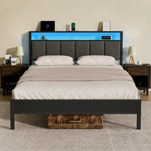 Vista 11 de Z-hom Base de cama matrimonial tapizada de fácil montaje y cabecera
