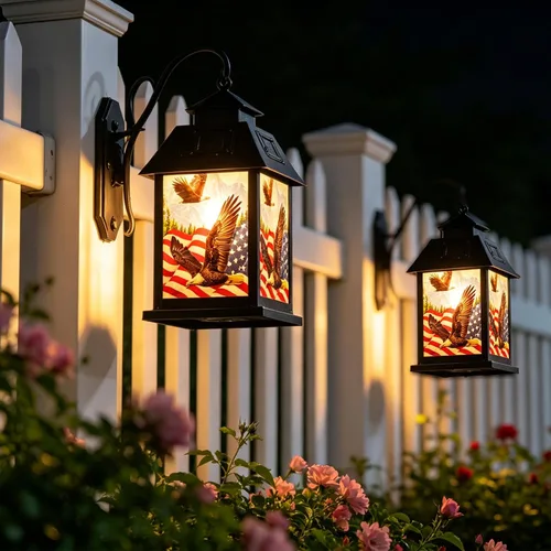 Vista 3 de Afirst Farol solar para exteriores, luces colgantes decorativas con bandera estadounidense, iluminación al aire libre, luces impermeables