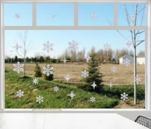 Vista 3 de 26 calcomanías anticolisión de copo de nieve y estrella, evita que los pájaros colisionen las ventanas, vinilo reutilizable no adhesivo, arcoíris