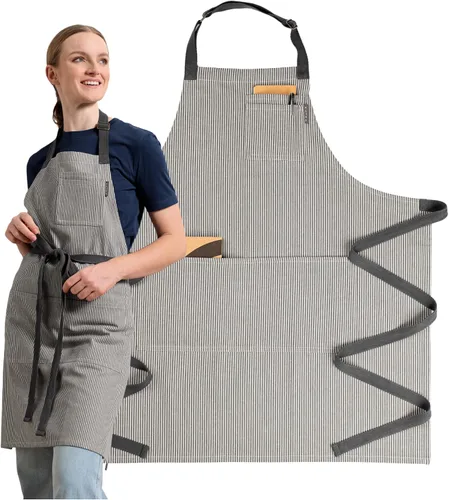 Vista 15 de MEEMA Delantal de chef con bolsillos, talla única, delantales ajustables reciclados para mujeres y hombres, para cocinar, hornear, asar a