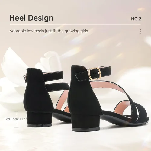 Vista 5 de Sandalias para niñas con tacón para niños con punta abierta y correa de tobillo, zapatos de vestir con flores para bodas y fiestas para niños
