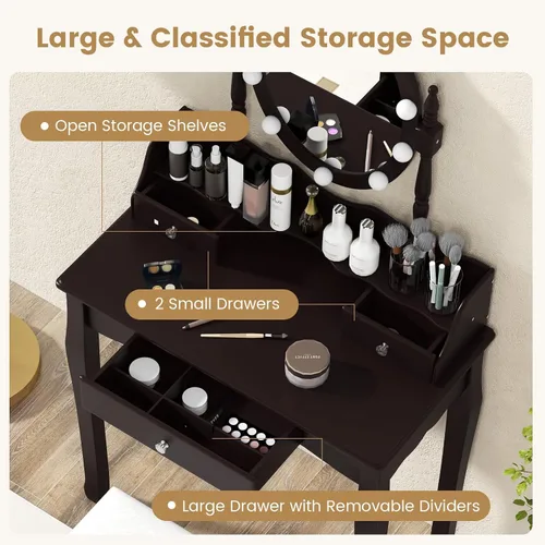 Vista 2 de Byroce - Juego de tocador con taburete acolchado, mesa de maquillaje con espejo ovalado iluminado giratorio de 360°, 3 cajones, 10 luces LED