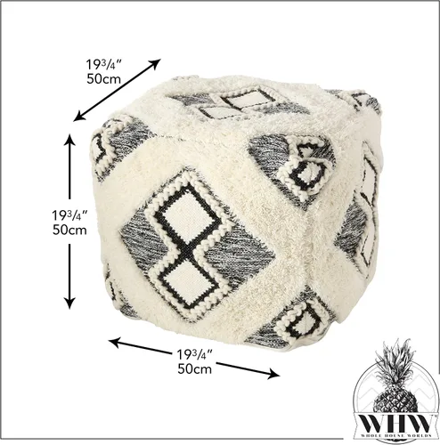 Vista 3 de WHW Whole House Worlds Puf otomano bohemio de Fringy, algodón, madera y frijoles, cubo tribal blanco y negro, 19.75 pulgadas