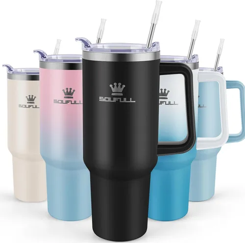 Vista 9 de Vaso de 40 onzas con asa y tapa con popote, taza de café de viaje 100% a prueba de fugas, taza aislada de acero inoxidable para bebidas frías