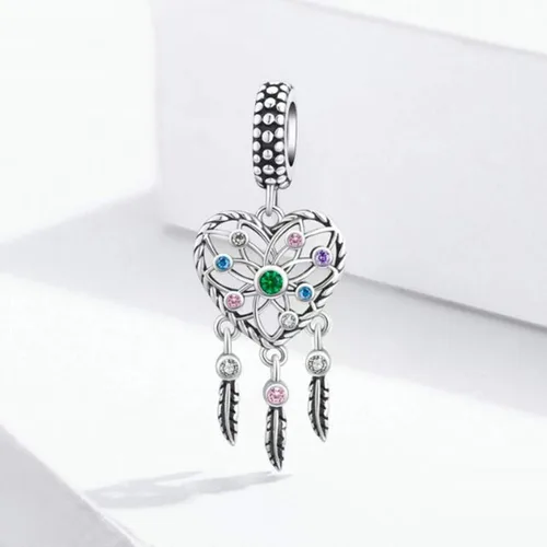 Vista 2 de Abalorio de atrapasueños de plata de ley 925 con cuentas de plumas y flores para mujer (atrapasueños de amor), Plata esterlina