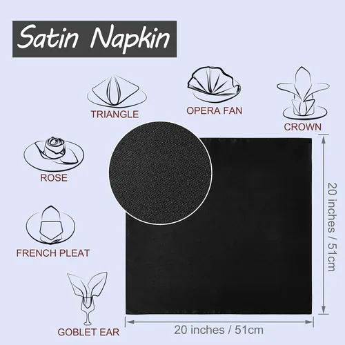 Vista 2 de Horbaunal Paquete de 30 servilletas de satén negro de 20 x 20 pulgadas, servilletas cuadradas suaves de tela sedosa, decoración de mesa para bodas