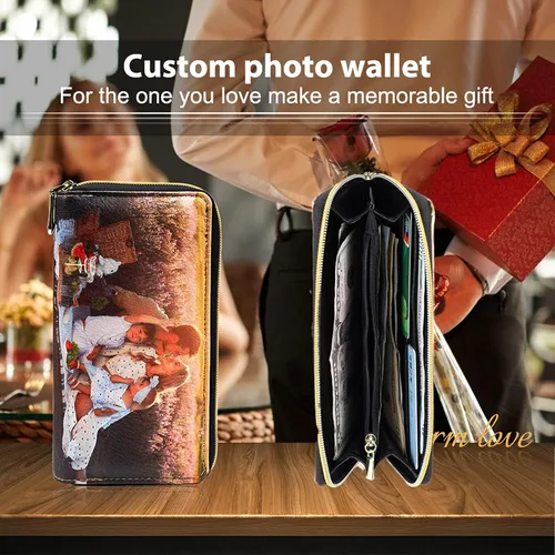 Vista 5 de Loveje - Billeteras personalizadas para mujer, de piel sintética, con grabadas fotográficas, triple pliegue, tarjeta de crédito, cartera larga