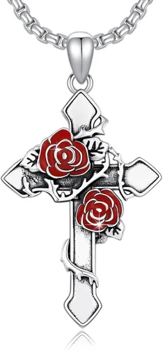 Vista 10 de Collar de cruz de plata de ley 925 con colgante de cruz rosa para mujer (collar de cruz de rosa A)