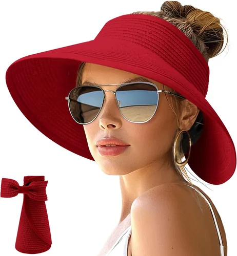Vista 8 de NPJY Sun Hats for Women Wide Brim Roll-Up Ponytail Packable Straw Visor Blanco