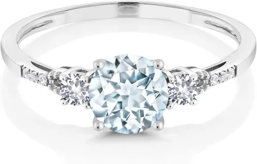 Vista 2 de Gem Stone King Anillo de compromiso redondo de oro blanco de 10 quilates con zafiro blanco creado aguamarina y blanco para mujer