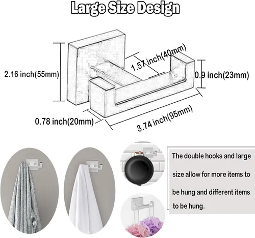 Vista 5 de BOZWELL Ganchos dobles para toallas para baño, montaje en pared de níquel castrado, estilo cuadrado simple y moderno, gancho para bata y abrigo