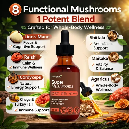 Vista 3 de Super Mushroom Complex 8 en 1 Extracto líquido – Gotas de 2 onzas líquidas con melena de león Reishi Cordyceps Chaga Maitake cola de pavo Shiitake
