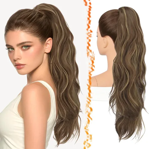 Vista 17 de BARSDAR 25 Inch Synthetic Dual Claw Clip Auburn Brown Loose Wavy Ponytail