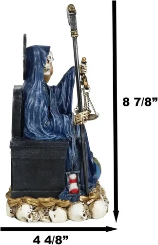Vista 2 de Ebros Gift Santa Muerte Sosteniendo Guadaña Reloj de arena y escalas de justicia con búho sabio sentado en el trono Estatuilla Hueso de la Muerte