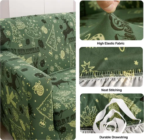 Vista 6 de Funda de sofá de Navidad Verde, Funda Elástica para Sofá, Funda Deslizante para Sofás y Sofás de Dos Plazas, 1 Pieza, Funda Temática Navideña