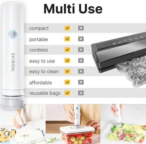 Vista 3 de ZKIRON OneTouch Selladora al Vacío Portátil con 25 Bolsas de Vacío Reutilizables – Selladora de Alimentos Portátil y Compacta con Succión