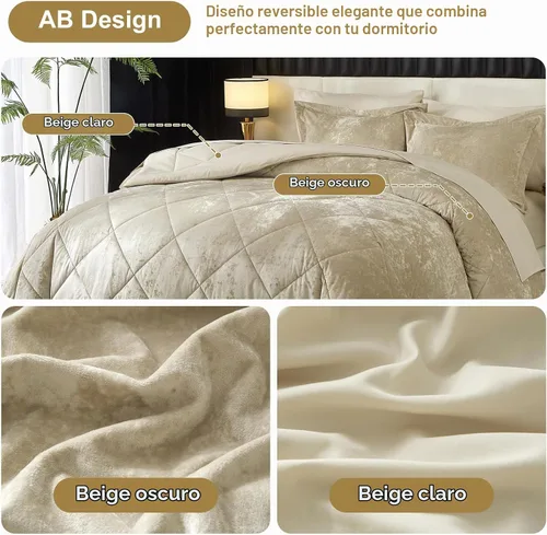 Vista 2 de Ivellow Queen Comforter Set 7 Pieces Bed in a Bag, Beige Velvet Comforter beige (7pcs-Beige)