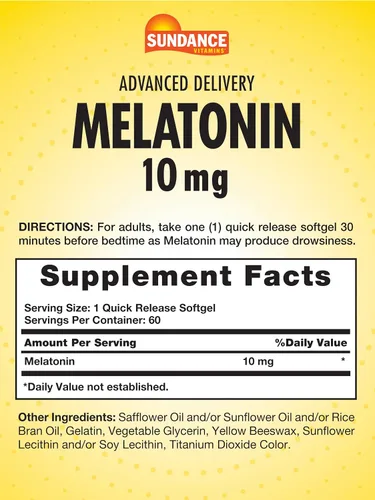 Vista 2 de Sundance Melatonina 10mg 60 cápsulas blandas Entrega avanzada Suplemento sin OMG y sin gluten