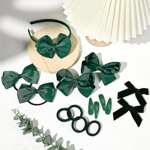 Vista 5 de DEEKA Juego de accesorios para el cabello de uniforme verde oscuro, 15 piezas, lazos para el cabello, pinzas para el cabello, diadema, lazos