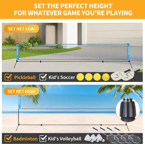 Vista 6 de 17FT Portable Outdoor Pickleball Badminton Net Set for Backyards Driveway Set Easy Set Up & Durable Height Adjustable Multi Sports Net with 4