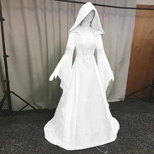 Vista 6 de YMUQEIGH Cloak With Hood Women Retro Gothic Medieval Costume Halloween Cosplay Renaissance Dress Floor Length Lace Up Dress