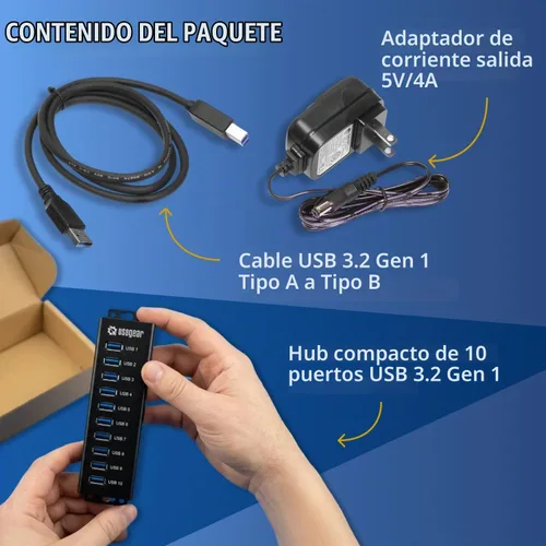 Vista 8 de USBGear Concentrador USB de 10 puertos 3.2 Gen 1 – Concentrador de datos supervelocidad montable con puertos USB para laptop, PC, escritorio y más