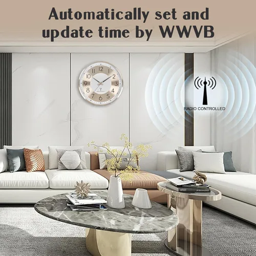 Vista 2 de Reloj de pared analógico atómico de 14 pulgadas, funciona con pilas, relojes de pared controlados por radio, juego automático de reloj de pared