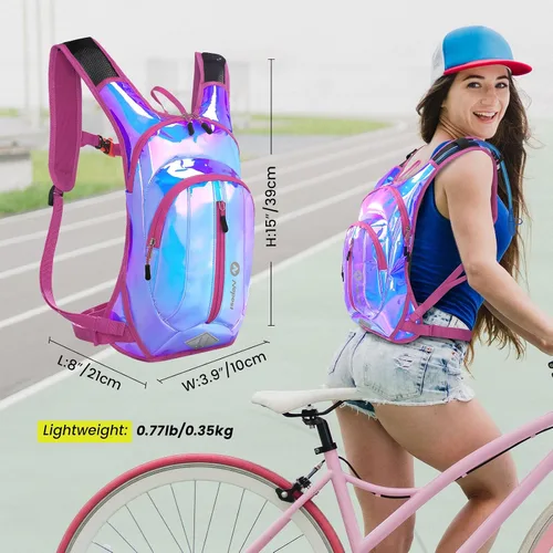 Vista 4 de Nepest Hydration Pack Backpack for Women & Men, Lightweight Water Backpack with 2L Water Bladder for Hiking Cycling Running Biking Holográfico - Rosa