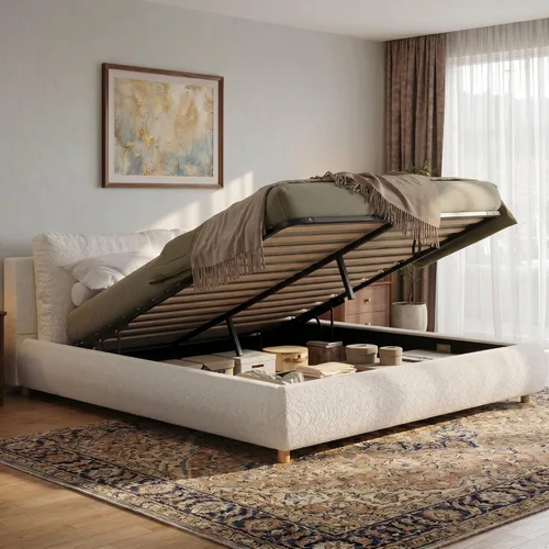 Vista 3 de Harper & Bright Designs Cama de plataforma de almacenamiento hidráulica de tamaño Queen con cabecero, lujoso marco de cama tapizado Boucle con 2