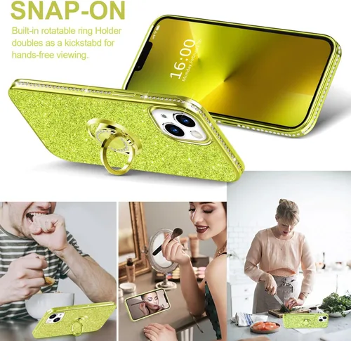Vista 3 de Thomo Compatible con iPhone 13 Bling Stand Case 6.1 pulgadas (verde fluorescente)
