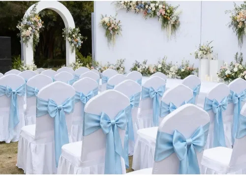 Vista 2 de Bandas de satén para sillas de color azul bebé, paquete de 50 lazos para sillas de color azul claro para boda, revelación de género, baby shower