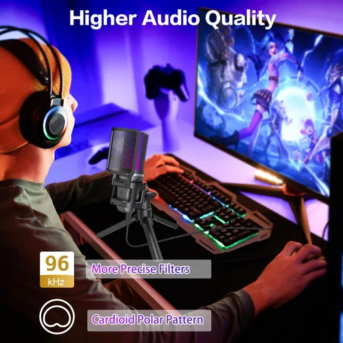 Vista 4 de ZealSound Micrófono USB para juegos para PC, micrófono de computadora de condensador RGB con soporte para trípode, silencio rápido, control