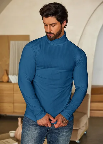 Vista 8 de COOFANDY Camisetas de manga larga con cuello alto para hombre, ajustadas, acanaladas, básicas, suéter de punto ligero