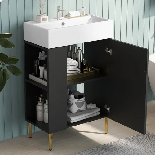 Vista 3 de Harper & Bright Designs Tocador de baño de 21.6" con lavabo, conjunto de tocador independiente de lavabo individual con gabinete de almacenamiento