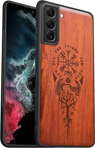 Vista 11 de Carveit Funda para Galaxy S22 Ultra de madera compatible con S22 Ultra Viking Compass Vegvisir-Rosy Madera real dura, TPU suave, funda protectora