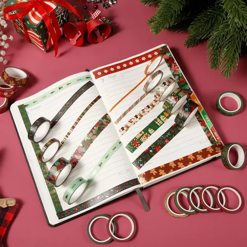 Vista 4 de NQEUEPN 21 rollos de cinta adhesiva Washi de Navidad, copos de nieve, ciervos, árbol de Navidad, pan de jengibre, patrón de rayas, autoadhesivas