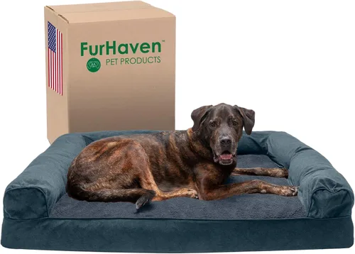 Vista 15 de Furhaven Cama para perro, de espuma viscoelástica, estilo sofá, Sherpa y chenilla, crema, M