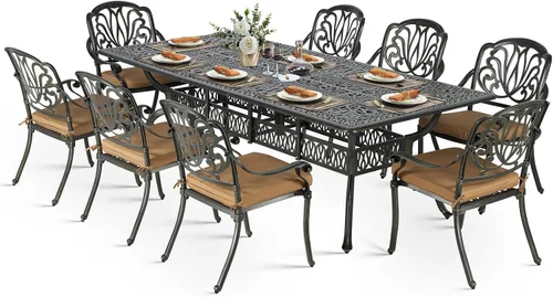 Vista 25 de VIVIJASON Juego de comedor al aire libre de 9 piezas, juego de mesa y sillas de patio de aluminio fundido para 8, incluye mesa rectangular de 94.5