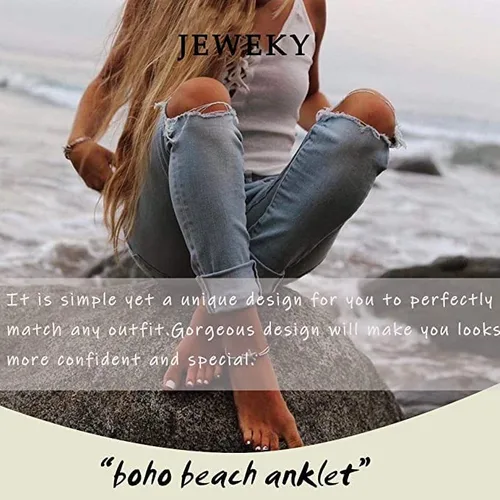 Vista 7 de Jeweky Tobilleras bohemias con estrellas de mar azules, tobilleras de perlas, joyería para pies de playa para mujeres y niñas