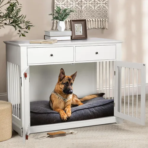 Vista 14 de LEMBERI Mueble de jaula para perros grande de 44 pulgadas, mesa auxiliar de madera para perros con cajones de almacenamiento, jaula decorativa