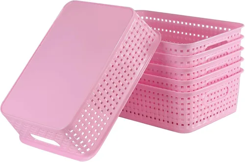 Vista 7 de Paquete de 8 cubos pequeños de organización y almacenamiento de despensa, organizadores domésticos para lavandería, baños, dormitorios, cocinas, Rosa