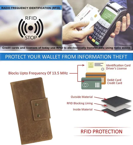 Vista 6 de Mou Meraki - Cartera larga de piel auténtica con bloqueo RFID plegable vintage para hombre