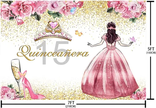 Vista 4 de SENDY Telón de fondo de quinceañera de 7 x 5 pies para niña, fondo de feliz cumpleaños de 15 años, flores rosas, tacones altos, corona, princesa