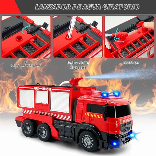 Vista 3 de Grarain Camión de bomberos a control remoto con sonidos LED, juguete de automóvil a control remoto con 3 camiones de bomberos pequeños y 10 modelos