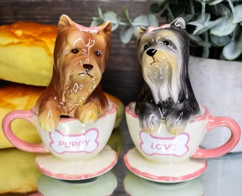 Vista 2 de Ebros - Juego de salero y pimentero de cerámica de Yorkshire Terriers Yorkie de cerámica con tazas de té, juego de salero y pimentero, figuras