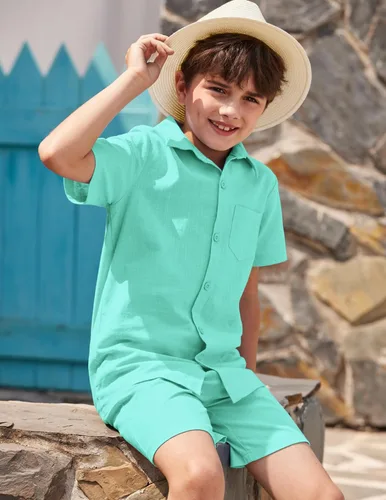 Vista 3 de COOFANDY Boy's 2 Piece Outfit Linen Short Sleeve Button Down Shirt Shorts Sets