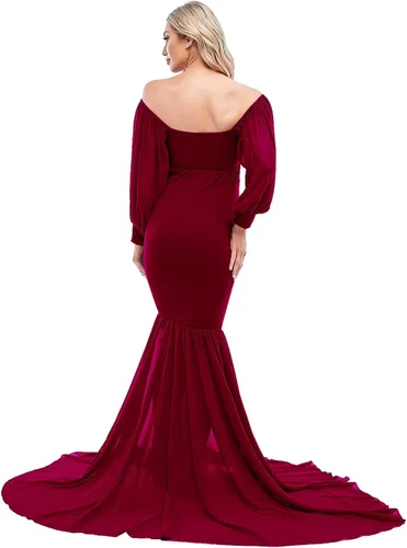 Vista 5 de ZIUMUDY Vestido de sirena ajustado de maternidad para sesión de fotos, manga larga, falda de gasa escalonada, vestido de accesorios para fotos