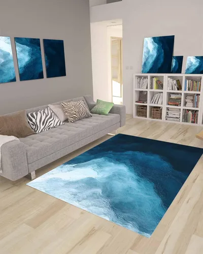 Vista 9 de Alfombra rectangular grande azul costero de 2.7 x 5 pies, para sala de estar, playa, degradado, abstracto, moderno, degradado, ondulado, duradero